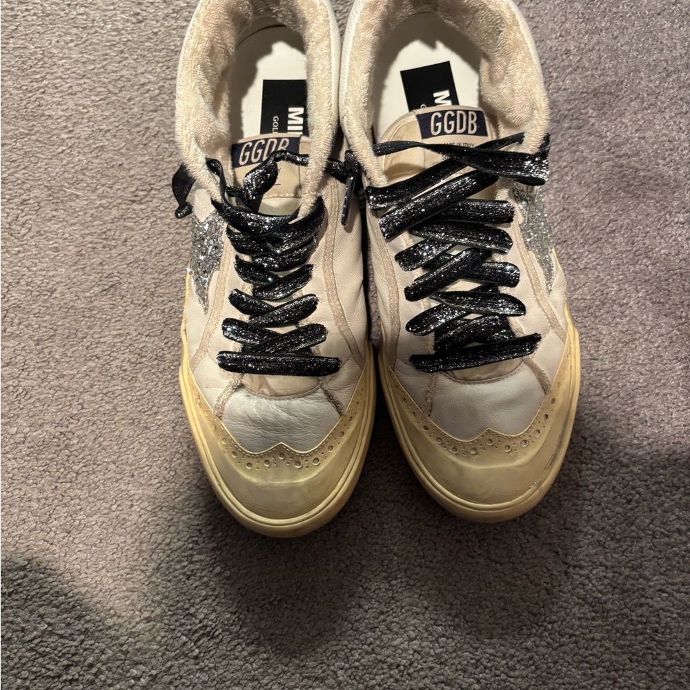 Golden Goose Cream and Black Glitter Sneakers